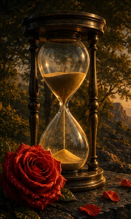 Reloj de arena junto a una rosa al atardecer — postal de La Rosa y la Estrella