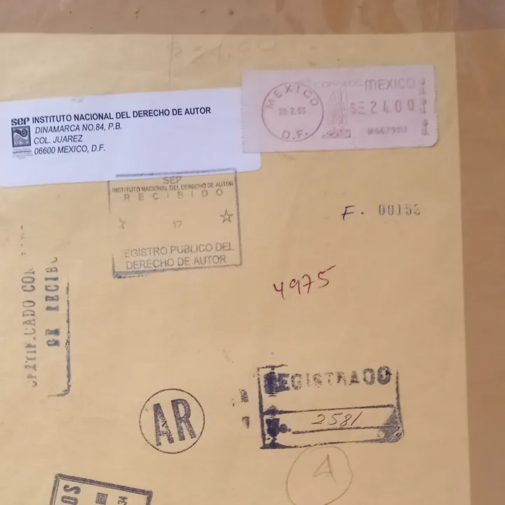 Sobre certificado del registro de la obra, 2003
